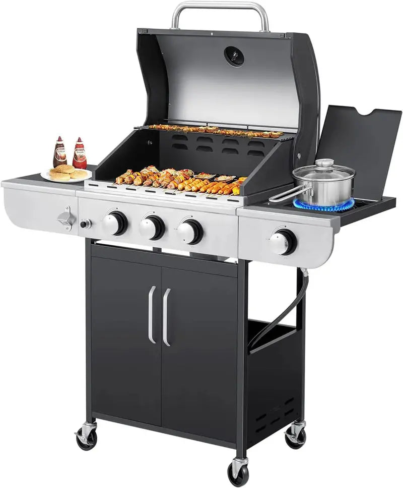 Upgraded 4-Burner Propane BBQ Grill – 44,000 BTU Stainless Steel Gas Grill with Cast Iron Grates and Integrated Side Burner