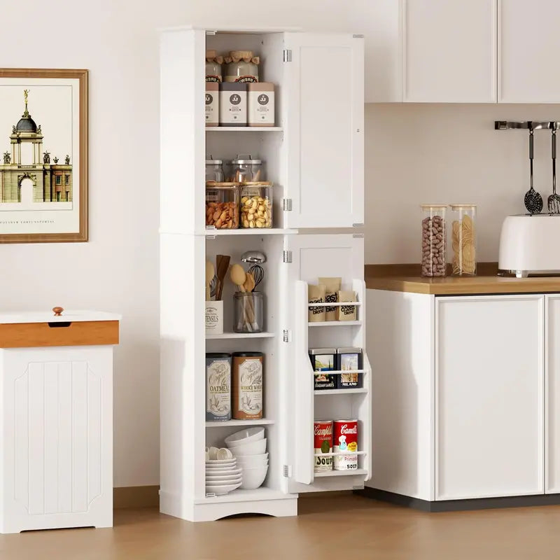 Tall Freestanding Pantry Cabinet – 72-Inch Wooden Kitchen Organizer with Five Shelves and Four Doors