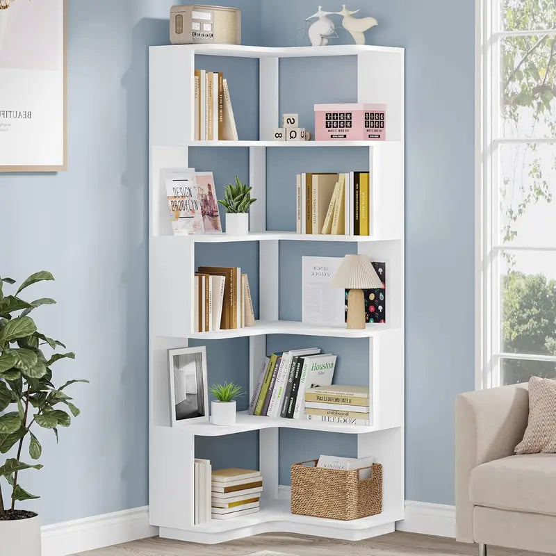 Tribesigns 64.9-Inch Corner Bookshelf – Anti-Tip Freestanding Tiered Shelf for Tight Spaces