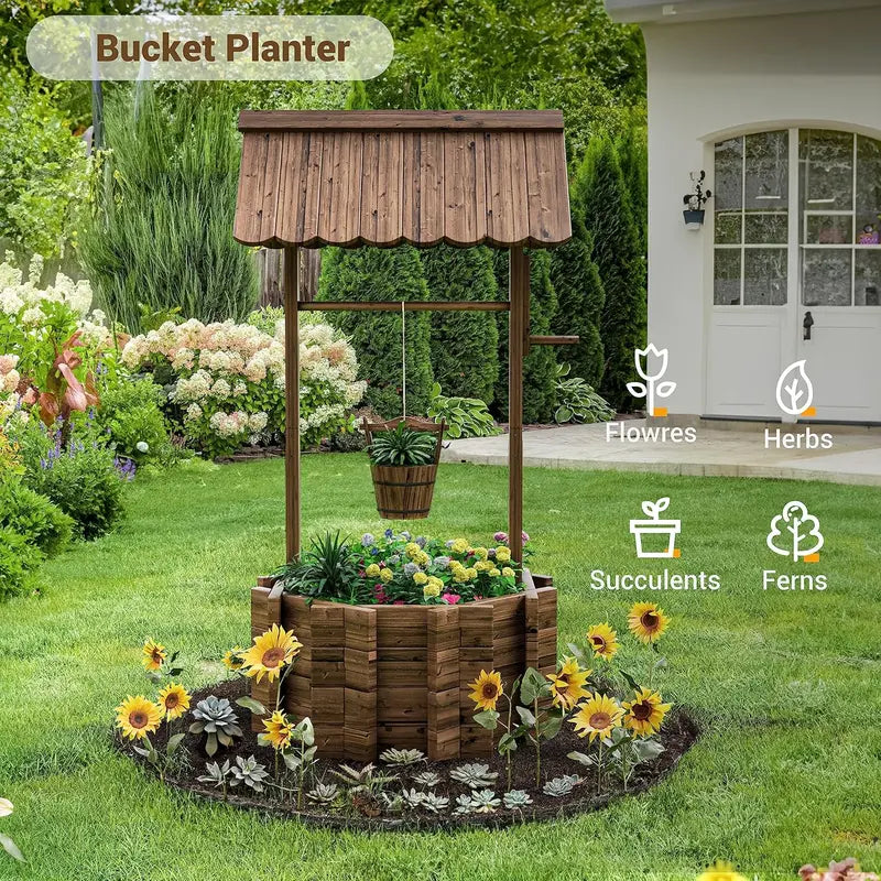 UDPATIO Large Wooden Outdoor Wishing Well Planter – Rustic Yard Decor with Functional Flower Pot Design