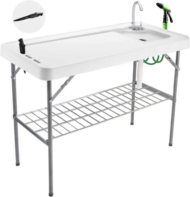 Portable Fish Cleaning Station – Folding Table with Faucet, Drain Hose & Sprayer for Outdoor Filleting