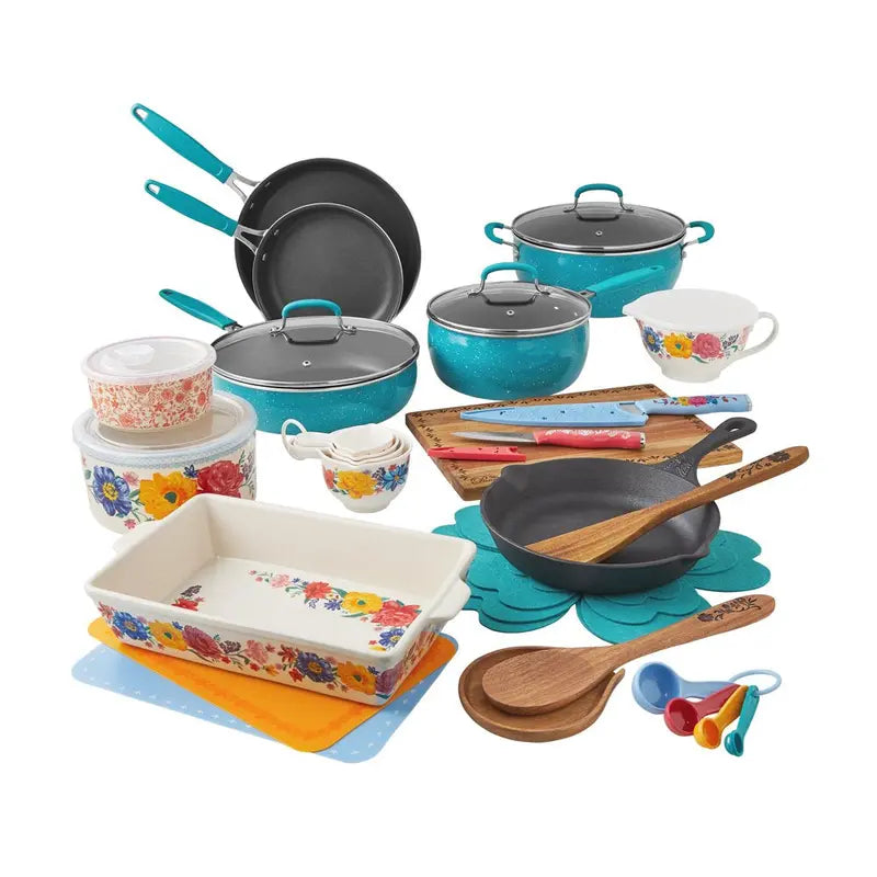 The Pioneer Woman Brilliant Blooms 38-Piece Teal Cookware Set – Floral-Print Kitchen Collection