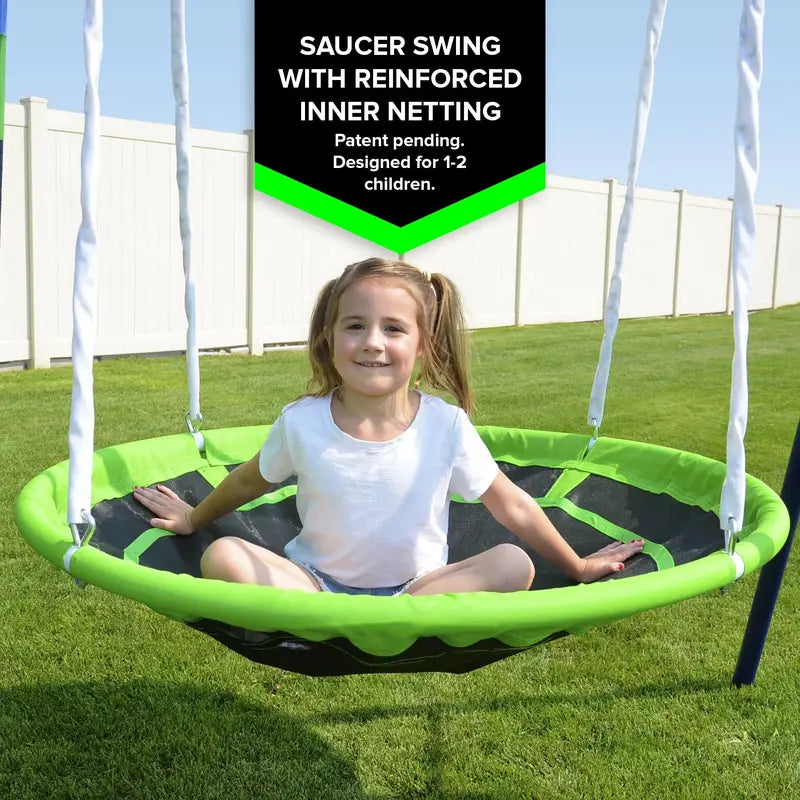 Sportspower Mountain View Metal Playset – Features Glide Ride, Saucer Swing, Trampoline, and Slide with Lifetime Warranty