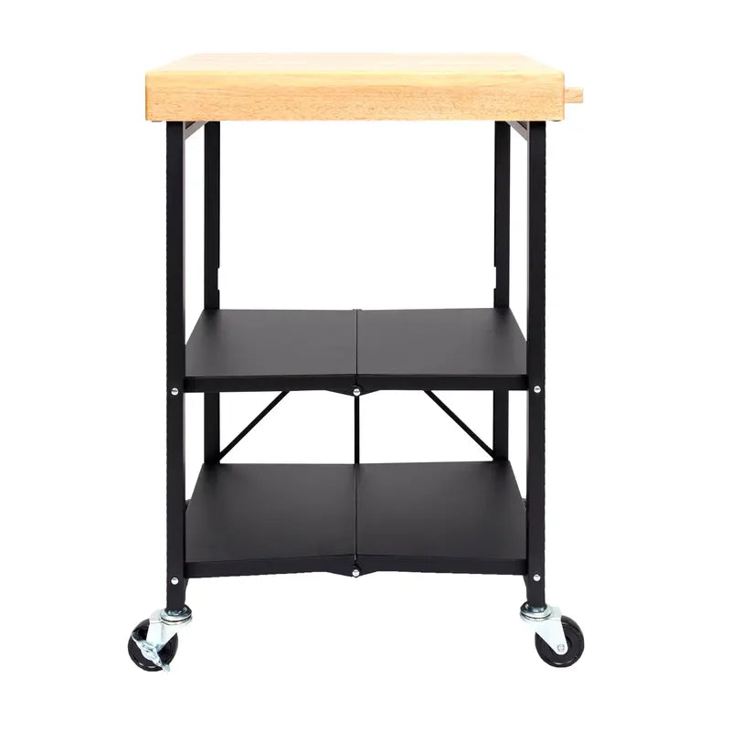 Origami Foldable Wheeled Portable Wood Top Kitchen Island Bar Cart, Black