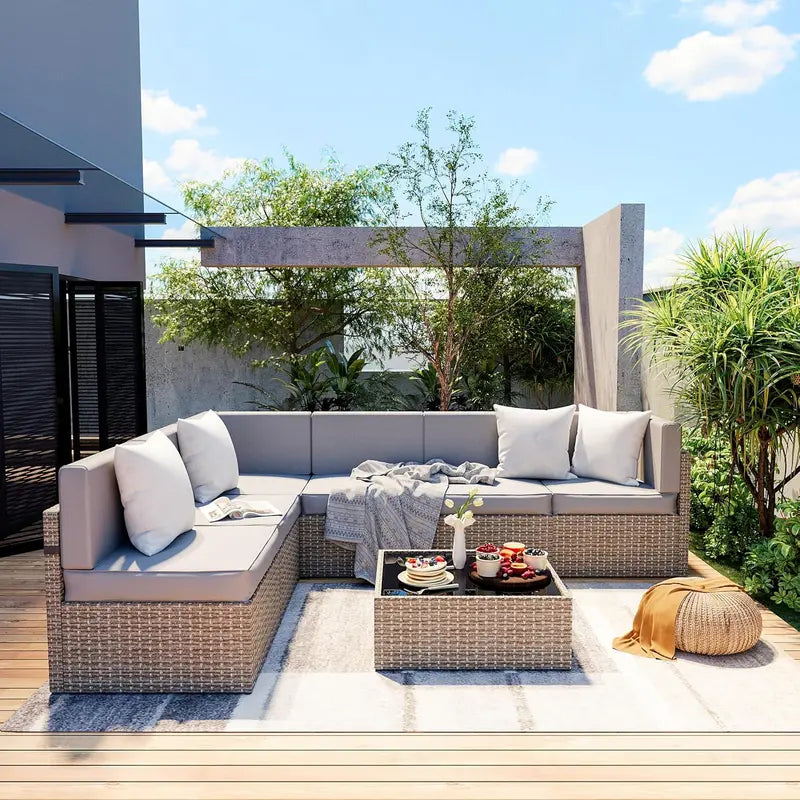 Pamapic 7-Piece Gray All-Weather Wicker Sectional with Washable Cushions & Coffee Table