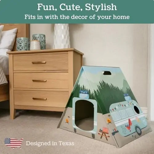 Spacious Cardboard Cat House for Indoor Cats, Durable Camper Tent Design, Easy Assembly, Furniture Protector