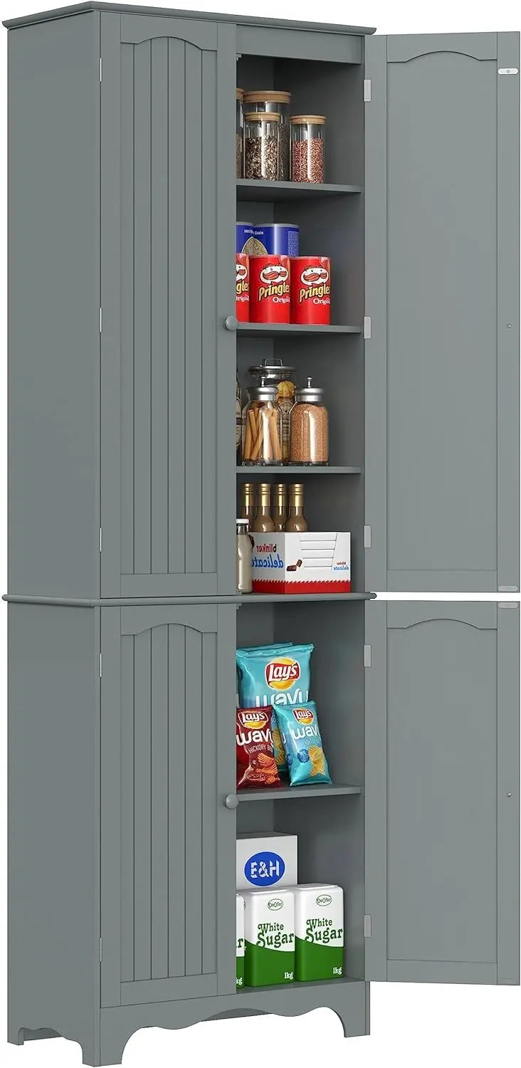 Tall Freestanding Pantry Cabinet – 72-Inch Wooden Kitchen Organizer with Five Shelves and Four Doors