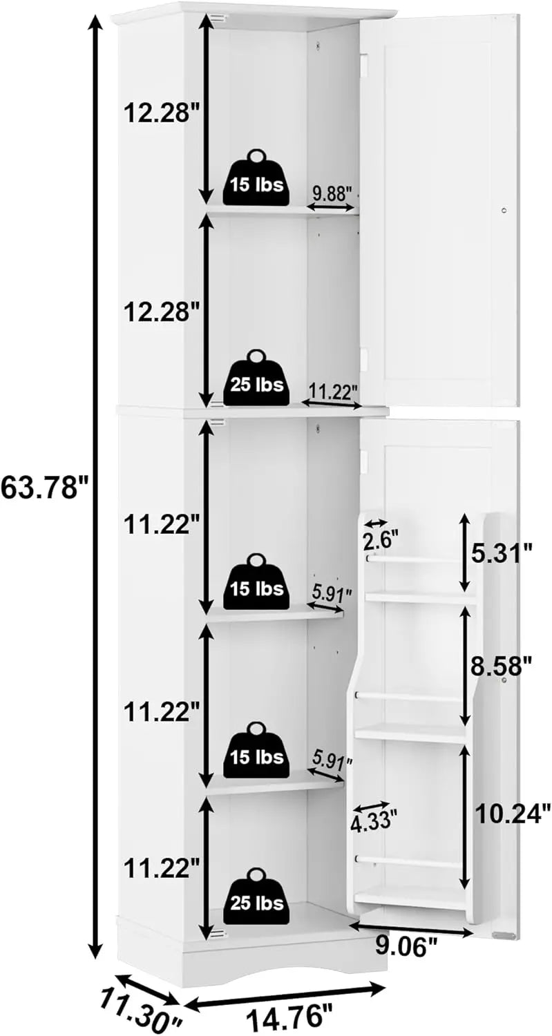 Tall Freestanding Pantry Cabinet – 72-Inch Wooden Kitchen Organizer with Five Shelves and Four Doors