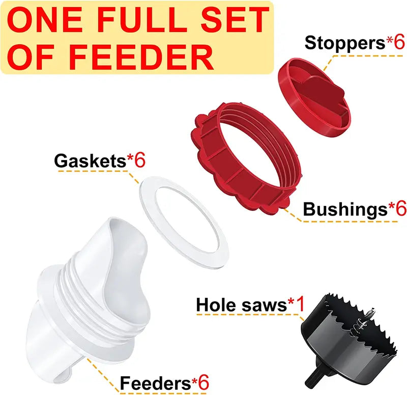 DIY Chicken Feeders No Waste, 6 Pack Poultry Feeder with Covers Gravity Feed Kit Ports 6-1 Hole Saw for Buckets Barrels Bins Troughs