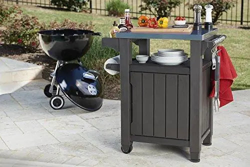 Stainless Steel Outdoor Table & Storage Cabinet with Hooks – Portable Patio Kitchen Island or Bar Cart in Espresso Brown