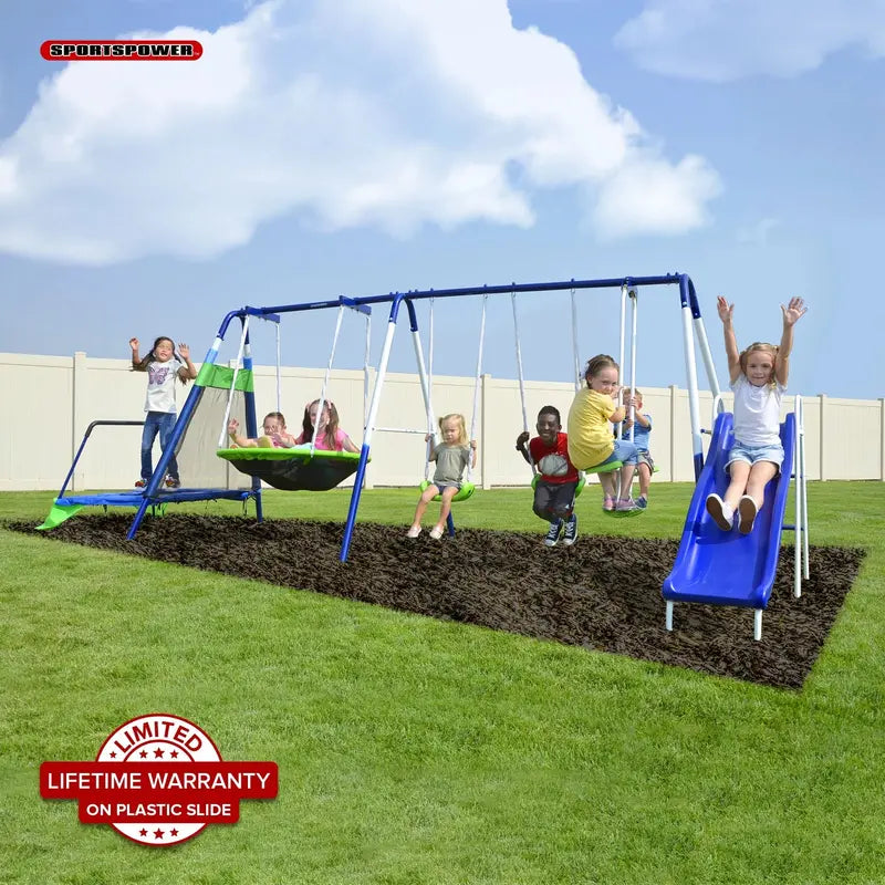 Sportspower Mountain View Metal Playset – Features Glide Ride, Saucer Swing, Trampoline, and Slide with Lifetime Warranty
