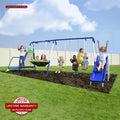 Sportspower Mountain View Metal Playset – Features Glide Ride, Saucer Swing, Trampoline, and Slide with Lifetime Warranty