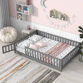 Uhomepro Full Size Wood Floor Bed Frame with Fence and Door for Kids, Toddlers