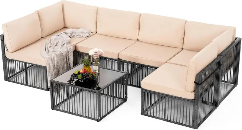 Pamapic 7-Piece Gray All-Weather Wicker Sectional with Washable Cushions & Coffee Table