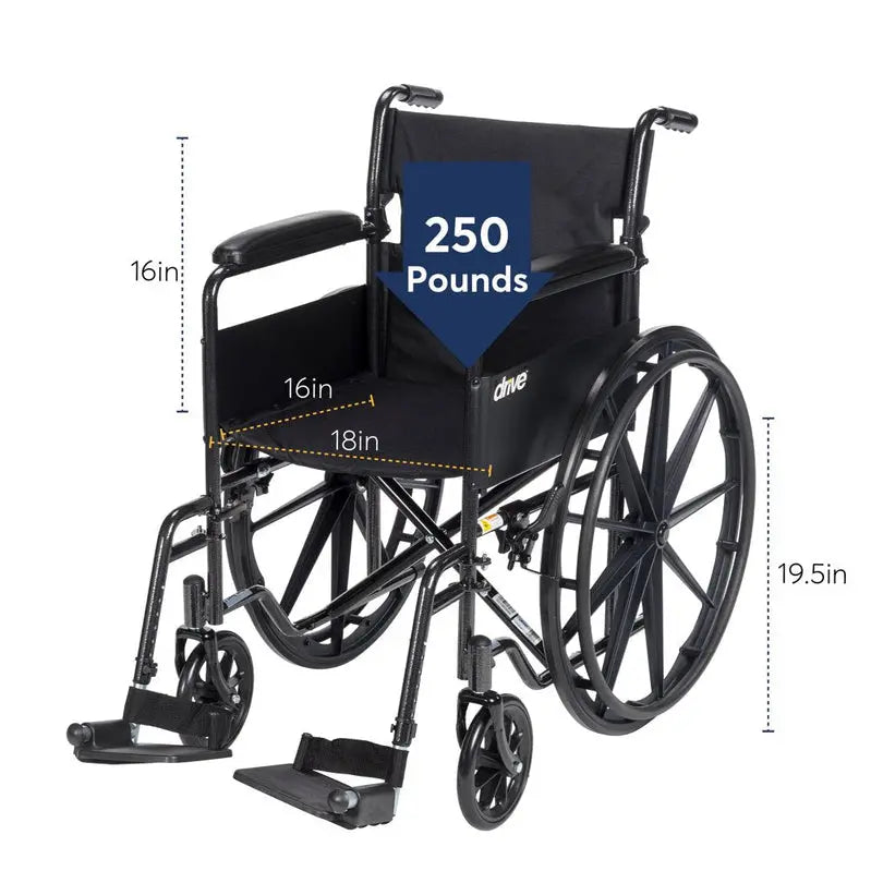 Drive Medical Silver Sport 1 Lightweight Manual Wheelchair with Full-Length Arms and Swing-Away Removable Footrests