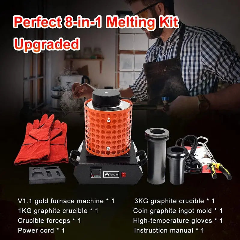 Toauto TGF3000-V1.1 Gold Melting Furnace – 1400W, 2100°F, Dual-Capacity (1kg + 3kg) Foundry Equipment