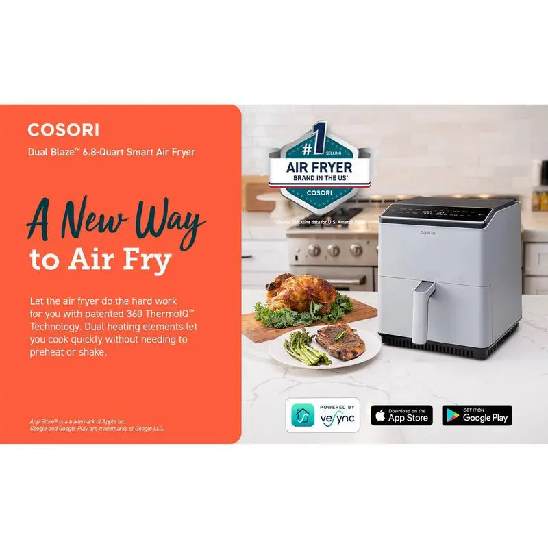 Cosori Dual Blaze Smart 6.8 qt. Gray Air Fryer with Bonus Skewer Rack Set Multi-Purpose Rack Heat Mat KAAPAFCSSUS0069Y