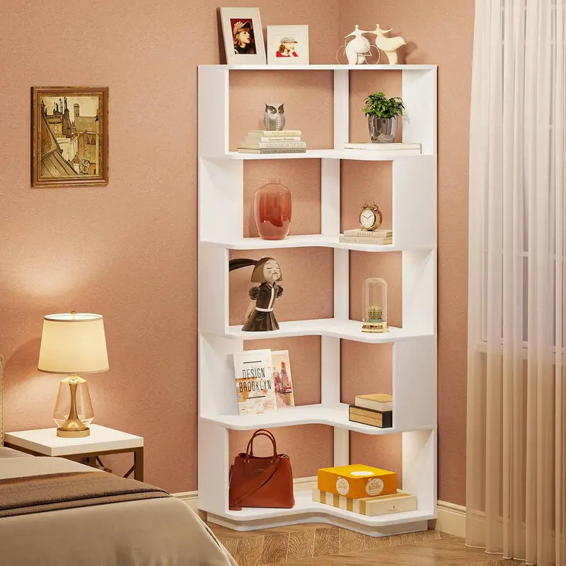 Tribesigns 64.9-Inch Corner Bookshelf – Anti-Tip Freestanding Tiered Shelf for Tight Spaces