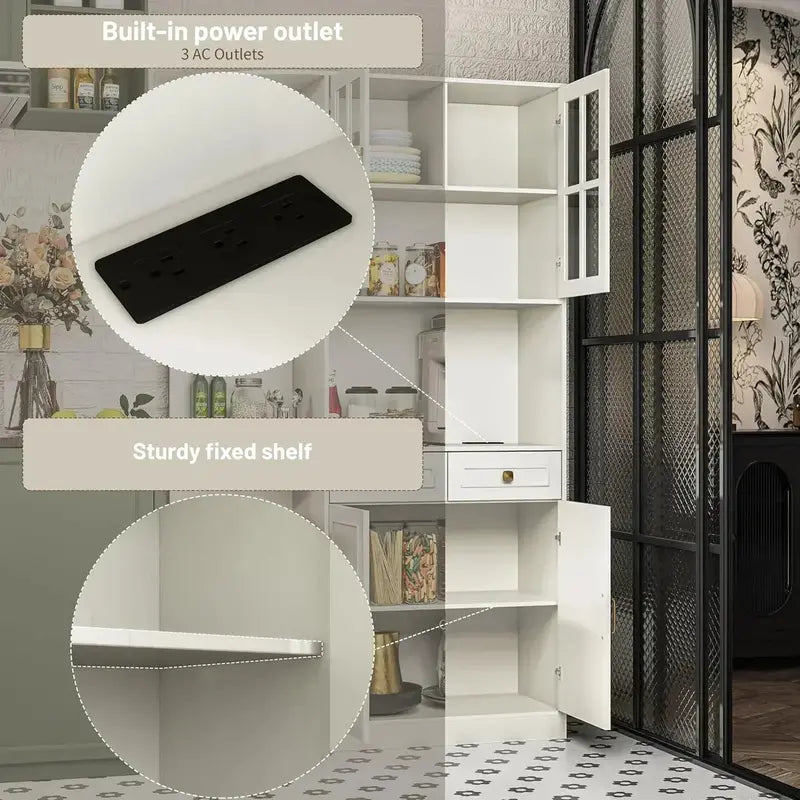 Tall Kitchen Hutch with Glass Doors – 71″ Modern Pantry Cabinet for Dining or Living Spaces