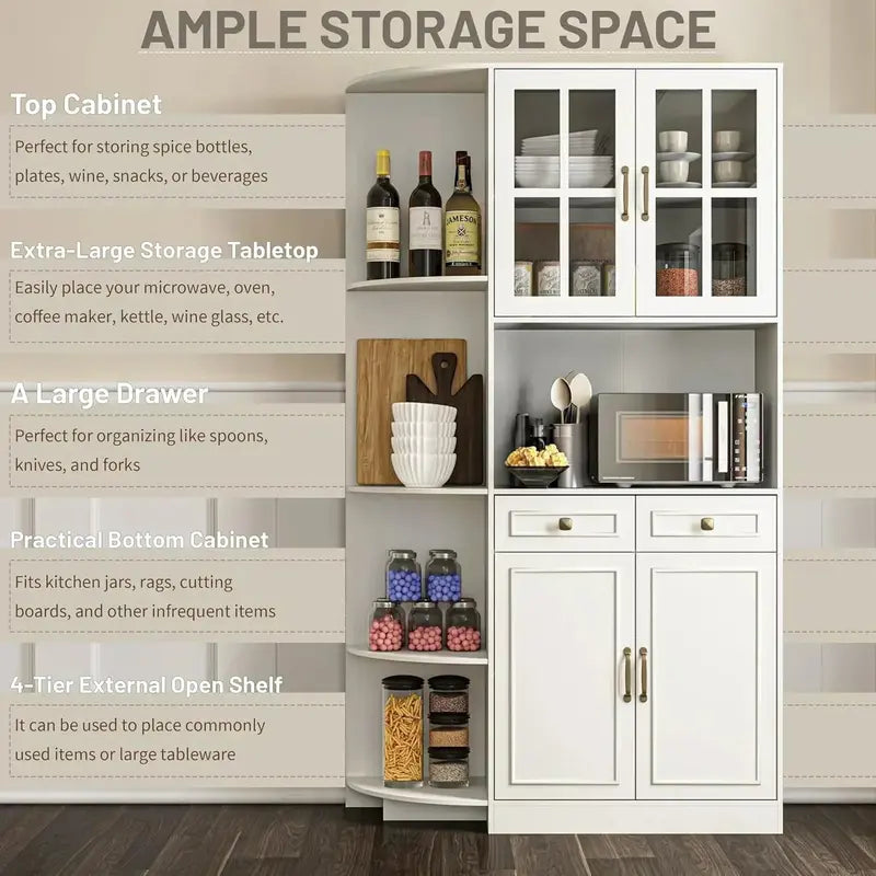 Tall Kitchen Hutch with Glass Doors – 71″ Modern Pantry Cabinet for Dining or Living Spaces
