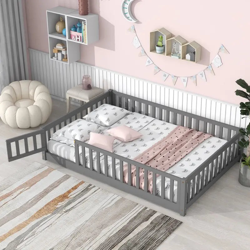 Uhomepro Kids Floor Bed with Playhouse Design – Pine Wood Twin Bed with Fence, Door & Safe Enclosed Layout