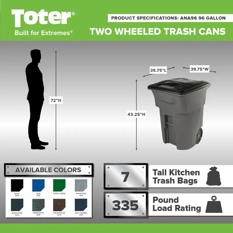 Toter 96-Gallon Wheeled Trash Can – Heavy-Duty Resin Bin with Smooth-Rolling Casters & Secure Lid