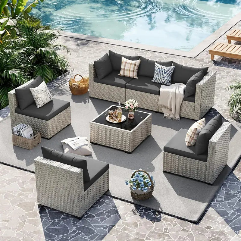 UDPATIO 7-Piece PE Wicker Patio Set – Outdoor Sectional Sofa with Tea Table, Green Finish