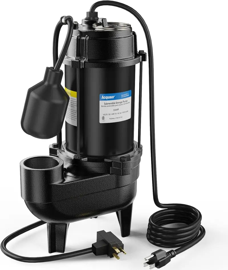 Submersible Sewage Pump – 3/4 HP Cast Iron Unit, 6400 GPH Flow Rate, Automatic Float Switch, 2″ NPT Discharge for Residential Basements & Pits