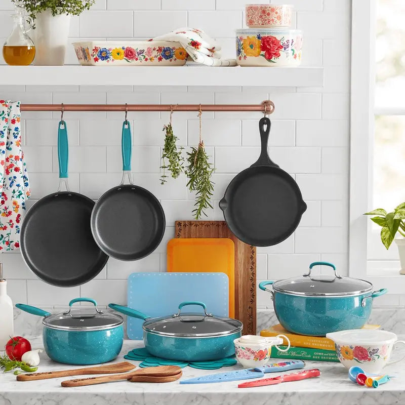 The Pioneer Woman Brilliant Blooms 38-Piece Teal Cookware Set – Floral-Print Kitchen Collection