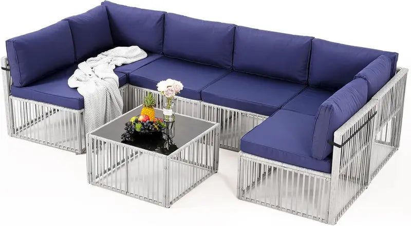 Pamapic 7-Piece Gray All-Weather Wicker Sectional with Washable Cushions & Coffee Table