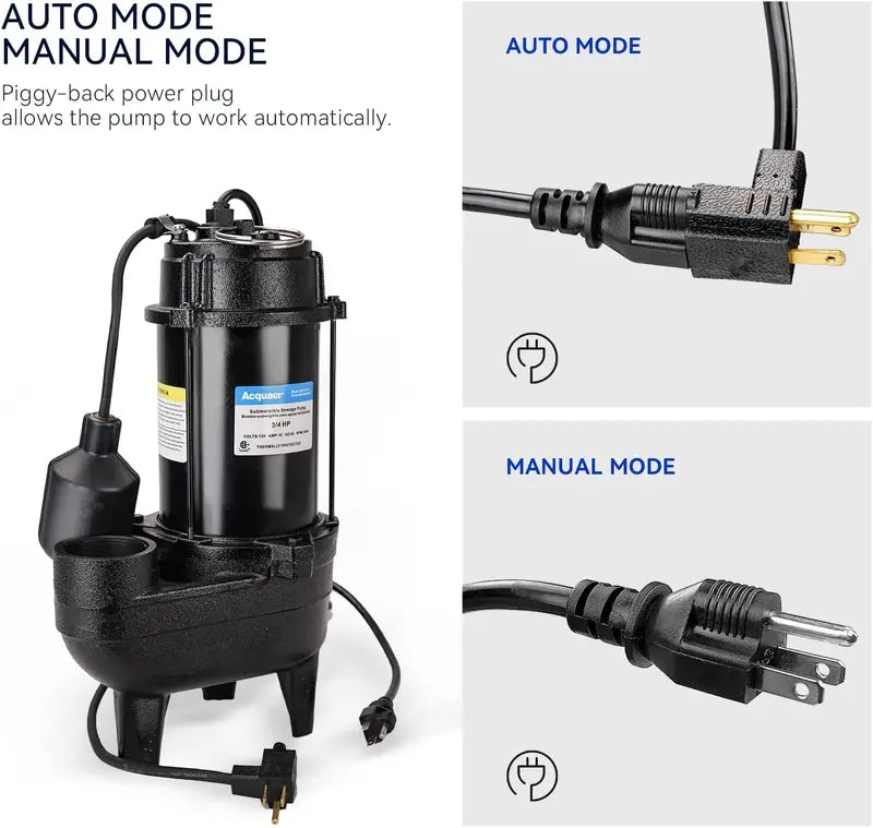 Submersible Sewage Pump – 3/4 HP Cast Iron Unit, 6400 GPH Flow Rate, Automatic Float Switch, 2″ NPT Discharge for Residential Basements & Pits
