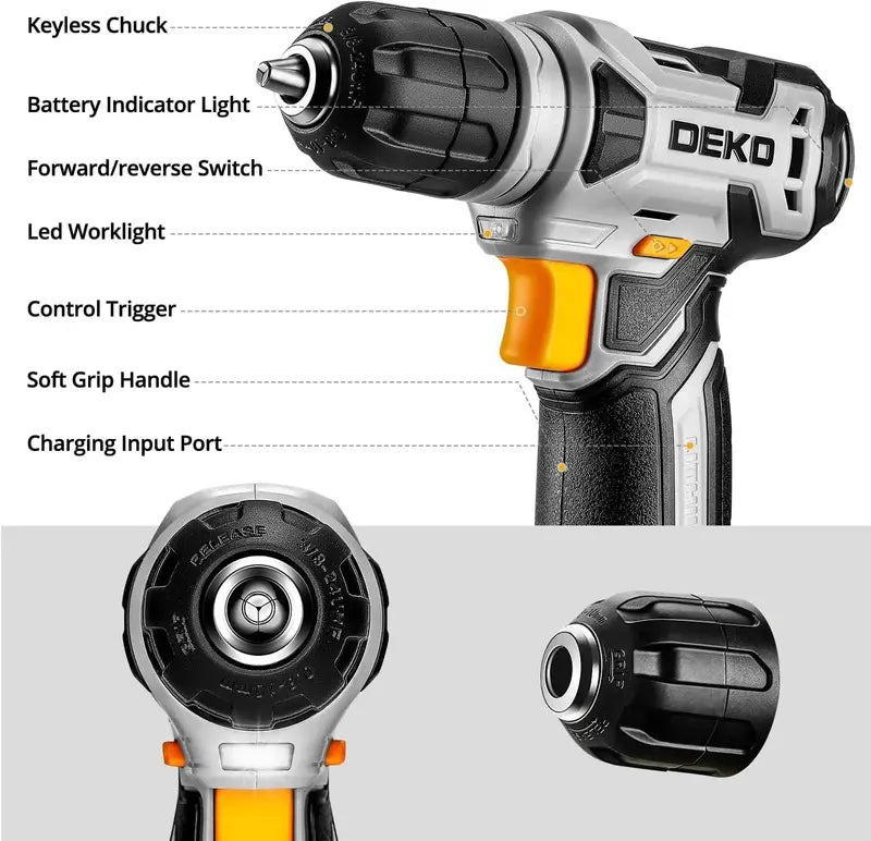 DEKOPRO 126-Piece Cordless Tool Kit  Includes 8V Drill, Toolbox, and Accessories for DIY and Home Repairs