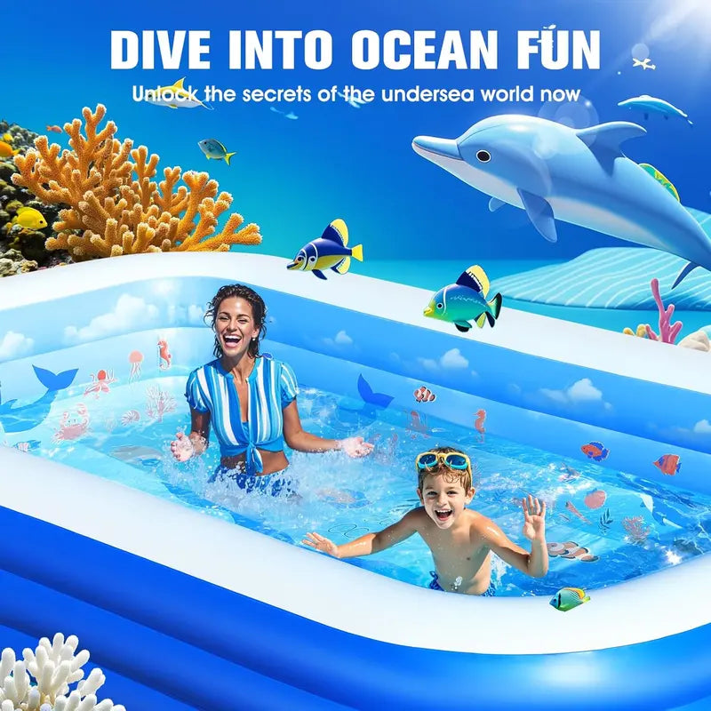 Ocean-Themed Inflatable Family Pool with Canopy – Extra-Large 105″ x 75″ x 25″, Thickened Vinyl for Kids & Adults, Backyard Swimming Pool