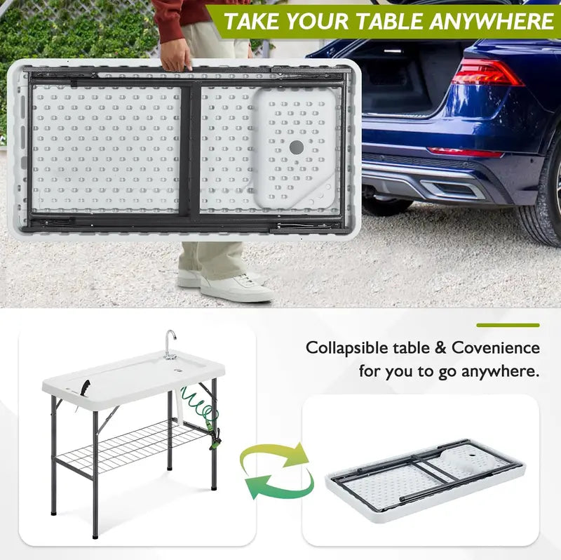 Portable Fish Cleaning Station – Folding Table with Faucet, Drain Hose & Sprayer for Outdoor Filleting