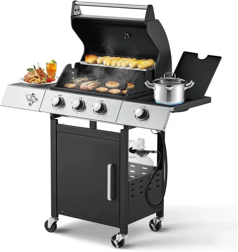 Upgraded 4-Burner Propane BBQ Grill – 44,000 BTU Stainless Steel Gas Grill with Cast Iron Grates and Integrated Side Burner