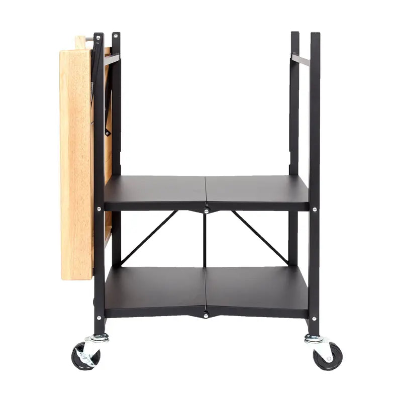 Origami Foldable Wheeled Portable Wood Top Kitchen Island Bar Cart, Black