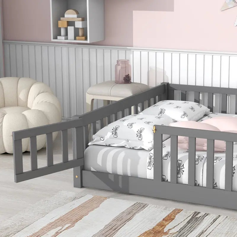 Uhomepro Kids Floor Bed with Playhouse Design – Pine Wood Twin Bed with Fence, Door & Safe Enclosed Layout