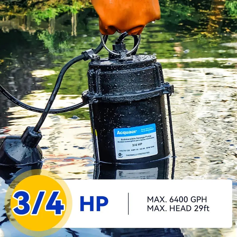 Submersible Sewage Pump – 3/4 HP Cast Iron Unit, 6400 GPH Flow Rate, Automatic Float Switch, 2″ NPT Discharge for Residential Basements & Pits